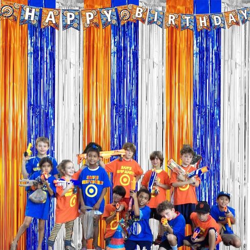 Dart War Party Photo Booth Props Backdrop Orange Blue Sliver Foil Fringe Curtains for Dart War Outer Space Birthday Party Decorations 3 Pack.9.9x19.8ft in Saudi Arabia