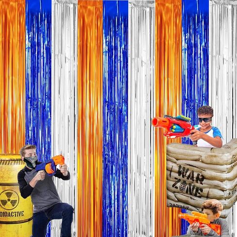 Dart War Party Photo Booth Props Backdrop Orange Blue Sliver Foil Fringe Curtains for Dart War Outer Space Birthday Party Decorations 3 Pack.9.9x19.8ft in Saudi Arabia