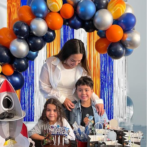 Dart War Party Photo Booth Props Backdrop Orange Blue Sliver Foil Fringe Curtains for Dart War Outer Space Birthday Party Decorations 3 Pack.9.9x19.8ft in Saudi Arabia