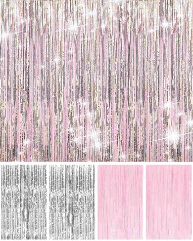 Pastel Pink and Silver Foil Fringe Curtains - 4 Pack Party Backdrop Decorations for Birthday, Bachelorette, Valentine's Day Celebrations in Kuwait
