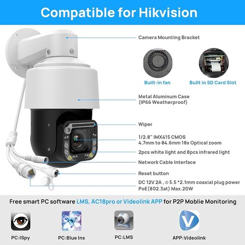 VIKYLIN 4K PTZ Outdoor Camera 8MP IP POE Auto Tracking Pan Tilt 18xOptical Zoom with Wiper,Spotlights Color Night Vision,AI Human/Vehicle Detection,2-Way Talk, SD (512GB) in Saudi Arabia
