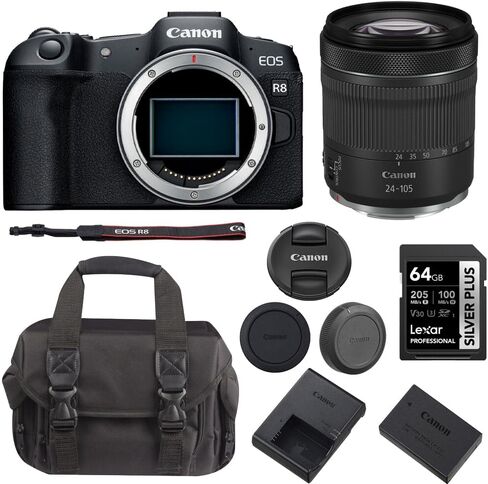 Canon EOS R8 Mirrorless Camera with RF 24-50mm f/4.5-6.3 is STM Lens + 64GB Memory Card + Camera Shoulder Gadget Bag in Saudi Arabia