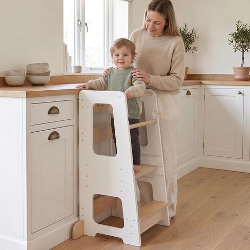 Toddler Tower for Kids, Adjustable Wooden Standing Tower & Kitchen Step Stool, Anti-Tip Montessori Tower with Removable Safety Rails & Non-Slip Steps - Sustainable Reclaimed Wood (White) in Kuwait