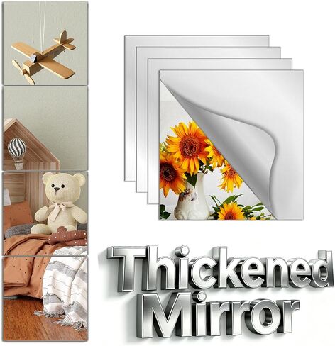 Shatterproof Peel and Stick on Mirror Tiles for Wall Decorative,4 Pcs 8x8 in Unbreakable Small Mirrors for Wall Classroom Decor, Toddlers Mirror for Kids Bedroom, Plastic Door Adhesive Mirrors in Kuwait