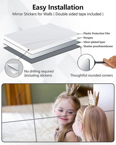 Shatterproof Peel and Stick on Mirror Tiles for Wall Decorative,4 Pcs 8x8 in Unbreakable Small Mirrors for Wall Classroom Decor, Toddlers Mirror for Kids Bedroom, Plastic Door Adhesive Mirrors in Kuwait