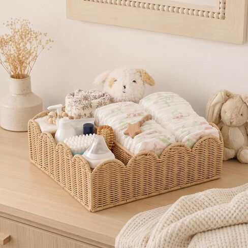 Wicker Diaper Caddy Organizer, Nursery Storage Basket for Diapers and Baby Wipes, Baby Essentials Organizer for Changing Table, Splinter Free Rattan Style (Natural, L) in Kuwait