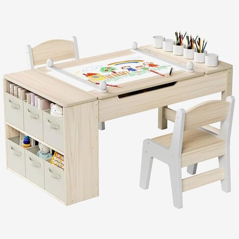 MAMIZO Kids Art Table and Chairs Set, Toddler Craft Desk w/Easel | Sturdy Wood Activity Table w/Large Drawing Tabletop, Paint Cups, Removable Bins, Paper Roll for Home Classroom Daycare in Saudi Arabia