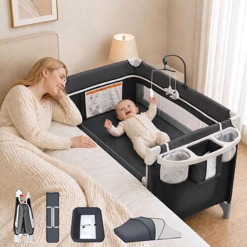 5-in-1 Baby Bassinet Bedside Sleeper, Foldable Pack and Play(Brown) | One-Push Bedside Crib with Playard, Includes Mattress, Changing Table, Mosquito Net, Storage for Newborn to Toddler in Saudi Arabia