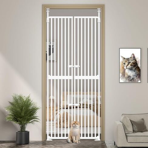 71" Extra Tall Cat Pet Gate, 33.5-47.2 in Wide High Dog Gates for Doorways No Climbing, Kitten Proof Full Door Barrier, Auto Close Large Walk Thru Puppy Gate Pressure Mounted, Indoor White in Saudi Arabia
