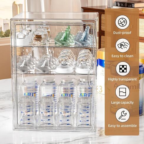 JOYZAN Clear Baby Bottle Organizer for Countertop 3 Tier Stackable Plastic Bottle Station Organizer with Adjustable Dividers Baby Bottle Storage Organizer for Cabinet,Home,Bathroom XXL in Saudi Arabia