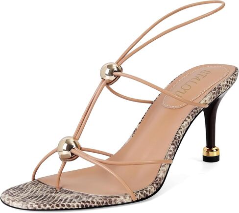 STALOV Strappy Heels for Women Round Open Toe Slingback Sandals Thong Flip Flop Comfortable Party Dress Shoes with Metal Buckle Snake Size 6 in Saudi Arabia