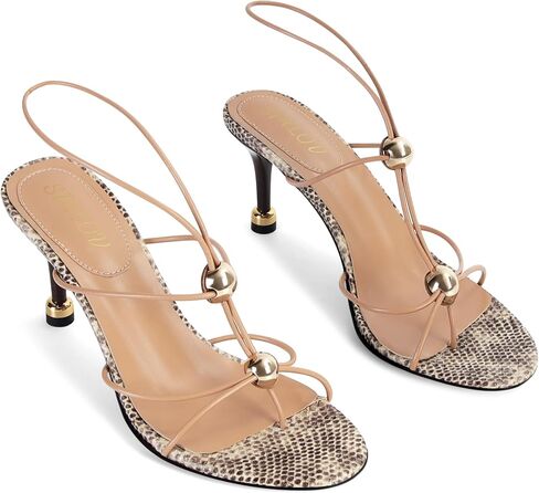 STALOV Strappy Heels for Women Round Open Toe Slingback Sandals Thong Flip Flop Comfortable Party Dress Shoes with Metal Buckle Snake Size 6 in Saudi Arabia