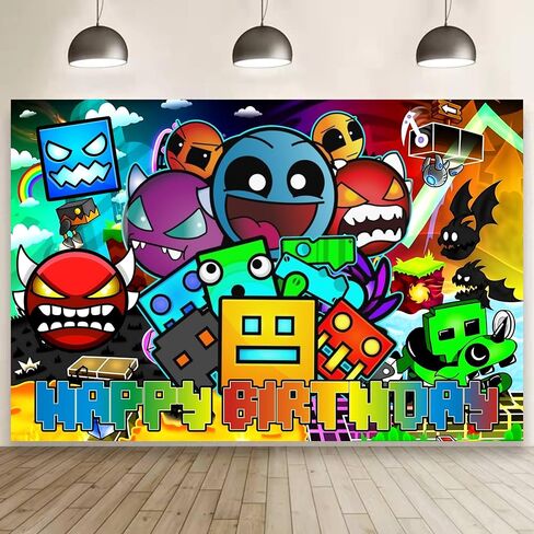 Cartoon Geometry Aesthetic Dash Polyester Backdrop for Birthday Party Decorations, Happy Birthday Banner Background for Dragon Birthday Party Supplies (5x3ft) in Kuwait