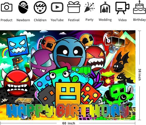 Cartoon Geometry Aesthetic Dash Polyester Backdrop for Birthday Party Decorations, Happy Birthday Banner Background for Dragon Birthday Party Supplies (5x3ft) in Kuwait