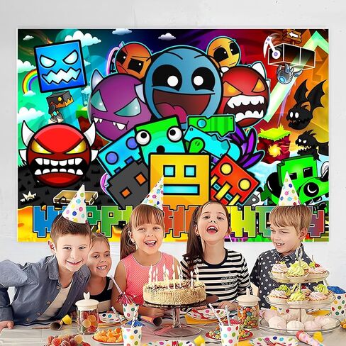 Cartoon Geometry Aesthetic Dash Polyester Backdrop for Birthday Party Decorations, Happy Birthday Banner Background for Dragon Birthday Party Supplies (5x3ft) in Kuwait