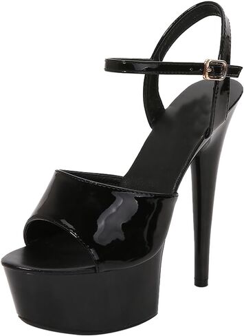 Black Heels for Women Sexy Open Toe Heeled Sandals, Comfortable Ankle Buckle Pumps Party Wedding Dress Shoes 5.9 Inch Stiletto Heel in Saudi Arabia