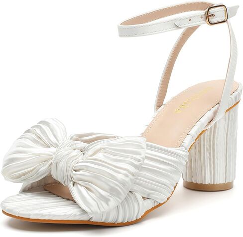 Women's Bow knot Heeled Sandals Pleated Bow Heels Ankle Strap Chunky Heels Wedding Bridal Party Dress Shoes in Saudi Arabia