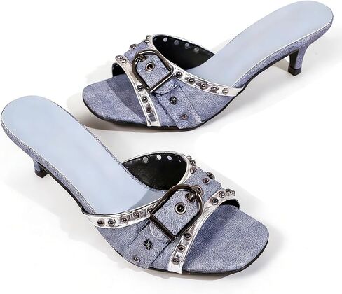 Women's Denim Rivets Kitten Heel Mule Sandals Fashion Open Square Toe Buckle Decor Slip On Heels Comfort Party Dating Office Slide Sandals in Saudi Arabia