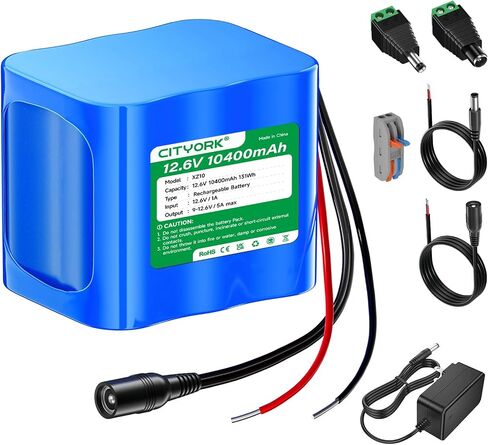 CITYORK 12V Rechargeable Battery 10400mAh with Charger, Bare Leads, Cable Connector for DIY Projects, Speakers Box, Radio Equipment, Toy Cars, Solar Panels, LED Light Strip, CCTV Camera, etc in Saudi Arabia