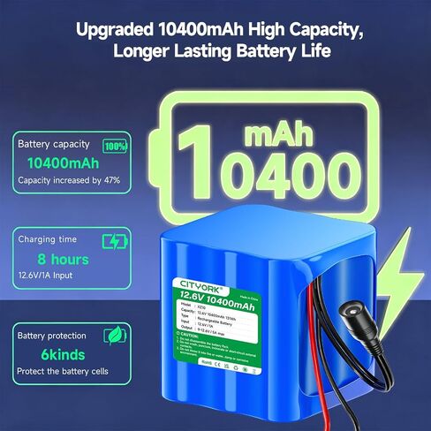 CITYORK 12V Rechargeable Battery 10400mAh with Charger, Bare Leads, Cable Connector for DIY Projects, Speakers Box, Radio Equipment, Toy Cars, Solar Panels, LED Light Strip, CCTV Camera, etc in Saudi Arabia