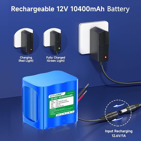 CITYORK 12V Rechargeable Battery 10400mAh with Charger, Bare Leads, Cable Connector for DIY Projects, Speakers Box, Radio Equipment, Toy Cars, Solar Panels, LED Light Strip, CCTV Camera, etc in Saudi Arabia