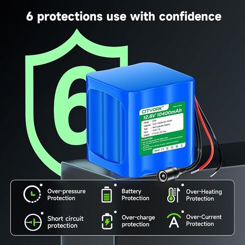 CITYORK 12V Rechargeable Battery 10400mAh with Charger, Bare Leads, Cable Connector for DIY Projects, Speakers Box, Radio Equipment, Toy Cars, Solar Panels, LED Light Strip, CCTV Camera, etc in Saudi Arabia