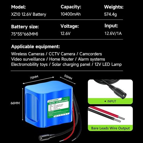 CITYORK 12V Rechargeable Battery 10400mAh with Charger, Bare Leads, Cable Connector for DIY Projects, Speakers Box, Radio Equipment, Toy Cars, Solar Panels, LED Light Strip, CCTV Camera, etc in Saudi Arabia