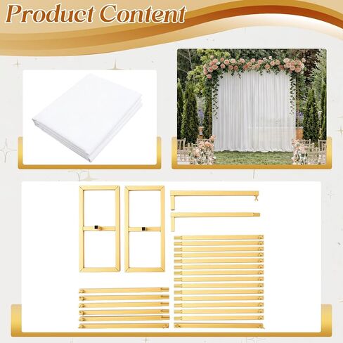 Novabright 3 Pcs 10 x 10 ft Wedding Backdrop Stand with White Drapes, Gold | Heavy Duty Adjustable Pipe and Drape Backdrop Stand Kit, Metal Photography Booth Background for Wedding Birthday Party in Saudi Arabia
