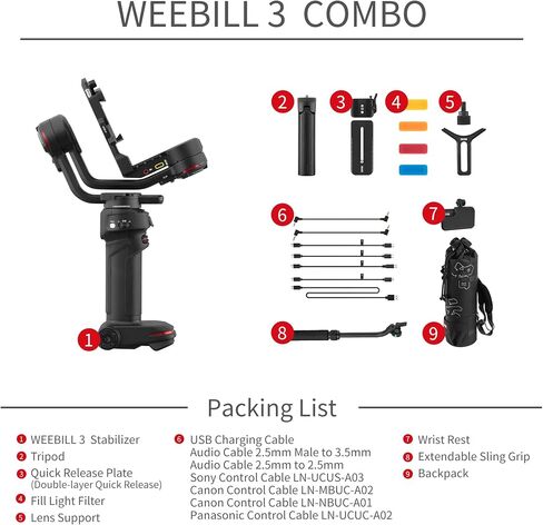 مجموعة ZHIYUN Weebill 3، مثبت جيمبال لكاميرات DSLR والكاميرا غير المرآة، نيكون سوني باناسونيك كانون فوجي فيلم BMPCC 6K، مقبض حبال قابل للتمديد، مسند للمعصم، تكامل الضوء والميكروفون، شحن سريع PD in Kuwait