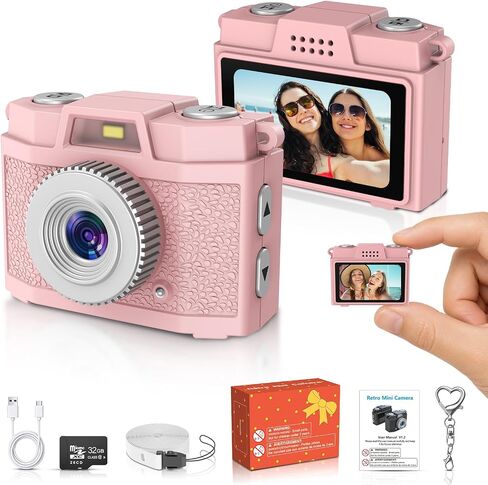 Mini Portable Keychain Digital Camera: 1.47" Display 1080P Video Camera | Pocket Retro Recorder with 5 Vintage Filter, USB-C Rechargeable, 32GB Card, Ideal Gift for Teen Adult Y2K Party Travel Vlog in Kuwait