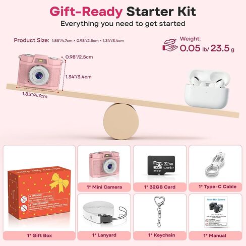 Mini Portable Keychain Digital Camera: 1.47" Display 1080P Video Camera | Pocket Retro Recorder with 5 Vintage Filter, USB-C Rechargeable, 32GB Card, Ideal Gift for Teen Adult Y2K Party Travel Vlog in Kuwait