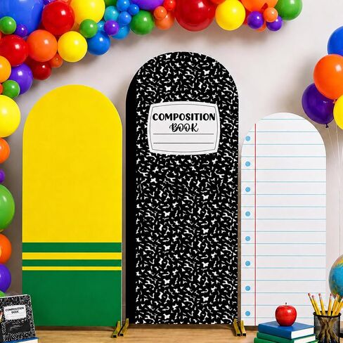 3PCS Back to School Arch Composition Backdrop Cover 4ft 5ft 6ft Round Top Arch Backdrop Stand Cover Crayon Box Background Composition Notebook Party Decors for End of the Year Classroom Decor in Saudi Arabia