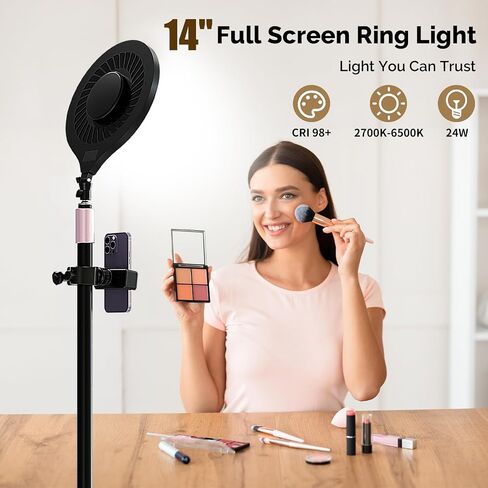 14" Full Screen Ring Light with Adjustable Stand, Studio LED Ring Light with Phone Holder & 58" Stand, Selfie Light with Remote for Video Photography, TikTok, YouTube, Live Stream in Saudi Arabia