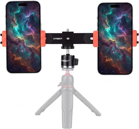 UTEBIT Universal Adjustable Dual Cell Phone Holder | 360° Rotating Mini Ball Head Mount, Two Smartphone Clamp Adapter, 1/4'' Screws, For Vlogging Video Recording Live Streaming in Saudi Arabia