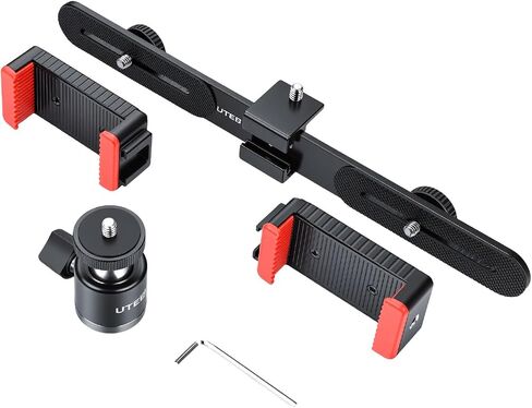 UTEBIT Universal Adjustable Dual Cell Phone Holder | 360° Rotating Mini Ball Head Mount, Two Smartphone Clamp Adapter, 1/4'' Screws, For Vlogging Video Recording Live Streaming in Saudi Arabia