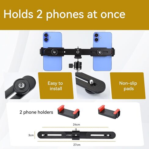 UTEBIT Universal Adjustable Dual Cell Phone Holder | 360° Rotating Mini Ball Head Mount, Two Smartphone Clamp Adapter, 1/4'' Screws, For Vlogging Video Recording Live Streaming in Saudi Arabia