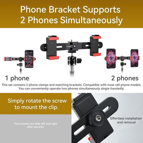 UTEBIT Universal Adjustable Dual Cell Phone Holder | 360° Rotating Mini Ball Head Mount, Two Smartphone Clamp Adapter, 1/4'' Screws, For Vlogging Video Recording Live Streaming in Saudi Arabia