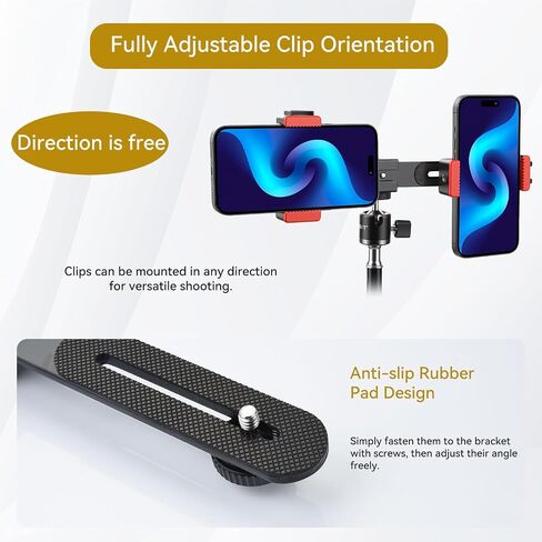 UTEBIT Universal Adjustable Dual Cell Phone Holder | 360° Rotating Mini Ball Head Mount, Two Smartphone Clamp Adapter, 1/4'' Screws, For Vlogging Video Recording Live Streaming in Saudi Arabia
