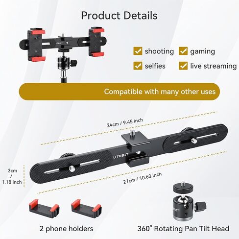 UTEBIT Universal Adjustable Dual Cell Phone Holder | 360° Rotating Mini Ball Head Mount, Two Smartphone Clamp Adapter, 1/4'' Screws, For Vlogging Video Recording Live Streaming in Saudi Arabia