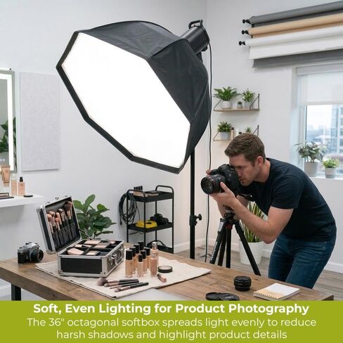 BoomBox 36"/91.4 cm Octagonal Softbox w Bowens S-Type Mount V2 - Umbrella-Style Quick-Open Light Modifier for Monolights Strobes and LED Lights, Removable Diffuser & Baffle, Deflector Plate in Saudi Arabia