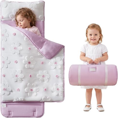 Toddler Nap Mats with Pillow and Blanket for Daycare Girls Boys Ages 3-6 | 50"x20" Tufted Daisies Flowers Toddler Nap Mat for Preschool,Daycare,Camping,Rollup Travel Slumber Bag for Kids Girls Boys in Kuwait