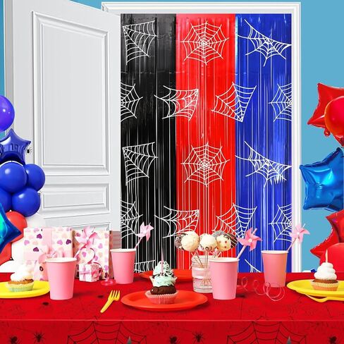 2 Pack Foil Curtain Backdrop, Spider Web Theme Tinsel Fringe Curtains Red Black Blue, Metallic Photo Booth Backdrop Streamers for Birthday Party Decorations Holiday Celebration Supplies in Saudi Arabia