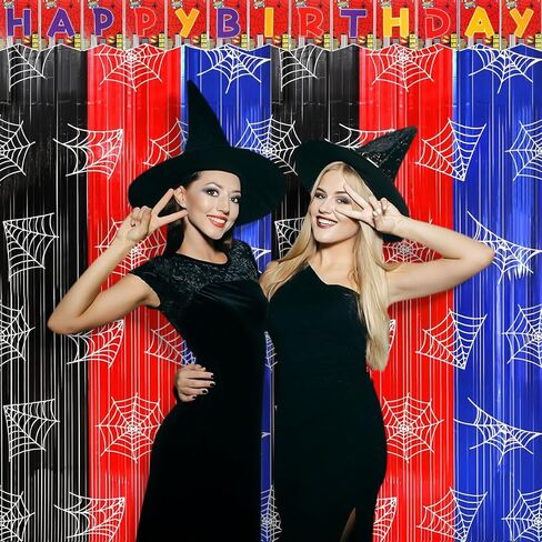 2 Pack Foil Curtain Backdrop, Spider Web Theme Tinsel Fringe Curtains Red Black Blue, Metallic Photo Booth Backdrop Streamers for Birthday Party Decorations Holiday Celebration Supplies in Saudi Arabia