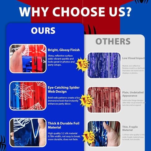 2 Pack Foil Curtain Backdrop, Spider Web Theme Tinsel Fringe Curtains Red Black Blue, Metallic Photo Booth Backdrop Streamers for Birthday Party Decorations Holiday Celebration Supplies in Saudi Arabia
