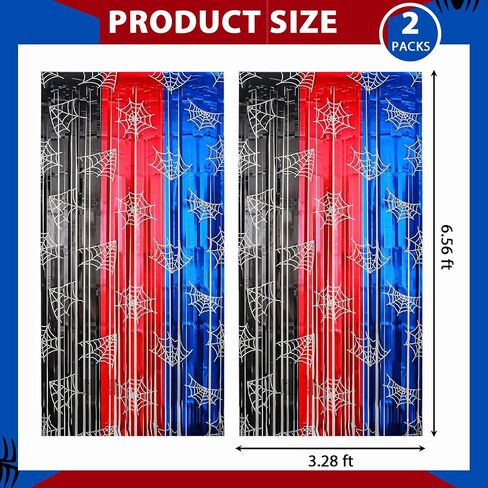 2 Pack Foil Curtain Backdrop, Spider Web Theme Tinsel Fringe Curtains Red Black Blue, Metallic Photo Booth Backdrop Streamers for Birthday Party Decorations Holiday Celebration Supplies in Saudi Arabia