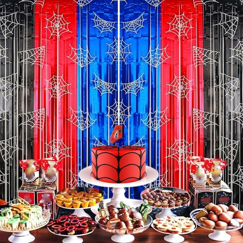 2 Pack Foil Curtain Backdrop, Spider Web Theme Tinsel Fringe Curtains Red Black Blue, Metallic Photo Booth Backdrop Streamers for Birthday Party Decorations Holiday Celebration Supplies in Saudi Arabia