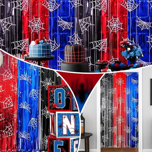 2 Pack Foil Curtain Backdrop, Spider Web Theme Tinsel Fringe Curtains Red Black Blue, Metallic Photo Booth Backdrop Streamers for Birthday Party Decorations Holiday Celebration Supplies in Saudi Arabia