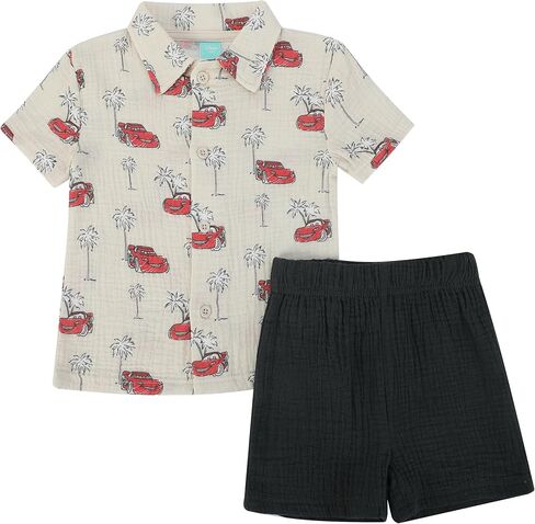 مجموعة قصيرة من الشاش المنسوج من Magic Threadz Disney Baby Boys مكونة من قطعتين، ملابس صيفية من القطن الناعم مع ميكي وبوه وسيارات (0M-4T) in Kuwait