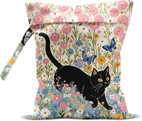 Black Cat Floral Wet Dry Bags Waterproof Wet Bags Reusable Swimsuit Bag Diaper Pouch for Travel Swimsuits Diapers Towels Cat Gifts for Women Friend Travelers 10 x 13 Inches in Kuwait