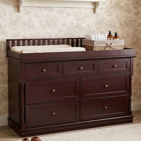 Walnut Finish Baby Changing Table with Removable Top & 7 Drawers | Multi-Functional Baby Changing Table, Modern Diaper Nursery Dressers Station for Kids Bedroom in Saudi Arabia